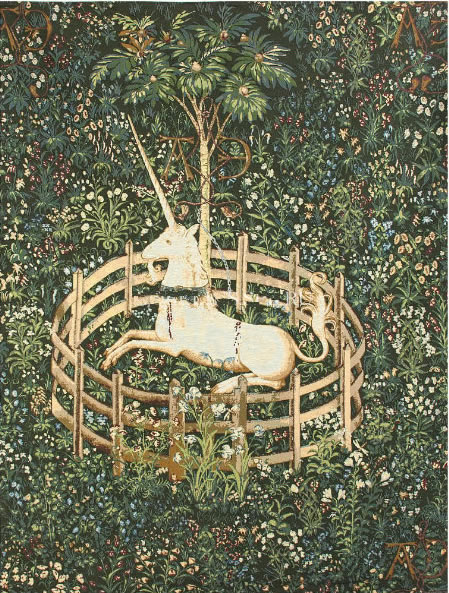 Unicorn In Captivity III Tapestry Wall Hanging, H56in x W40in Unicorn In Captivity III Tapestry Wall Hanging, H56in x W40in