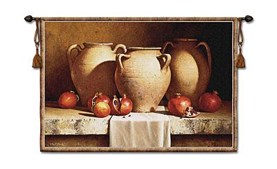 Urns With Pomegranates Fruit Still Life Tapestry Wall Hanging, 53in X 36in