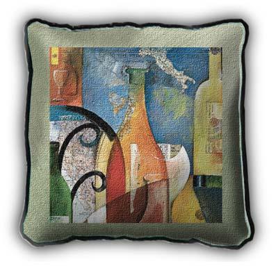 Vino Wine Still Life Tapestry Cushion - Abstract Collage With Bottles, 27in x 27in