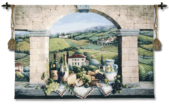 Vino De Tuscany Wine Still Life Tapestry - Vindow View Scene Picture, 52in X 44in