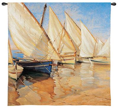 White Sails I Nautical Wall Tapestry - Sailing Ship Picture, 35in x 36in