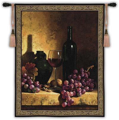Wine Bottle with Grape & Walnuts Wine Still Life Wall Tapestry, 42in x 53in