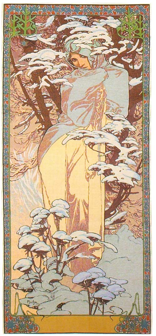 Tapestry Winter By Alphonse Mucha - Four Seasons Mucha Reproduction, 19in X 45in Tapestry Winter By Alphonse Mucha - Four Seasons Mucha Reproduction, 19in X 45in