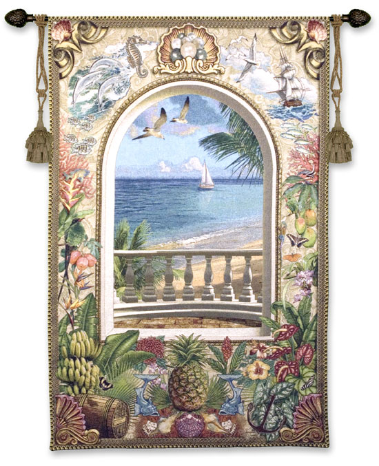 Wish You Were Here Nautical Wall Tapestry - Waterfront Scene With A Sailboat, 53in x 36in
