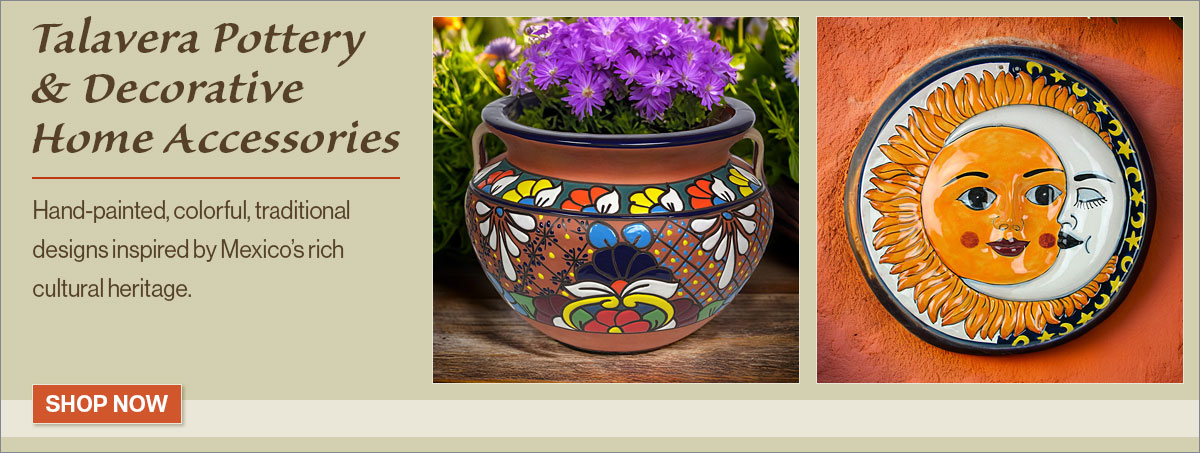 Hand-painted Talavera pottery flower pots and decorative garden ceramics.