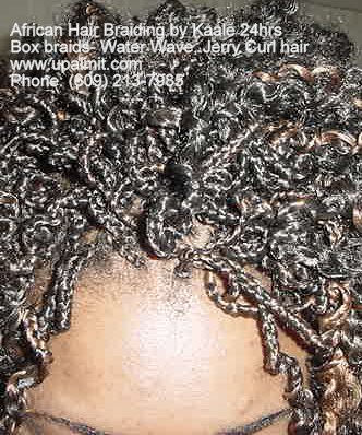 Box braids with curly Water Wave hair, front view, by Kaales African Hair Braiding.