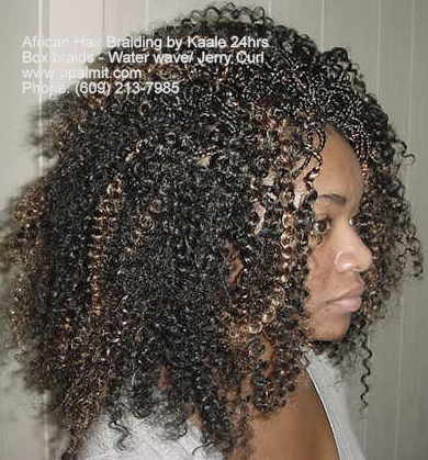 Box braids with curly Water Wave hair, by Kaales African Hair Braiding.