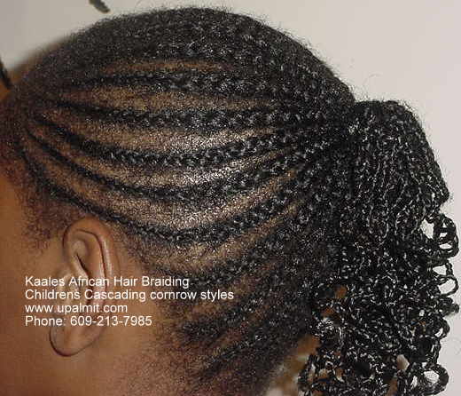 Childrens cornrows with ponytail, side view, by Kaale.
