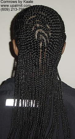 Medium cornrows with 180 degree wave design in back.