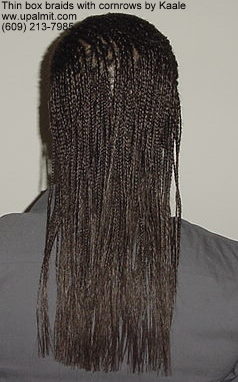 Cornrows and box braids styles, back view.