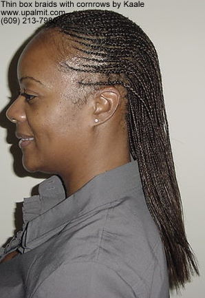 Box braids- thin box braids styles with feed in cornrows, left side.