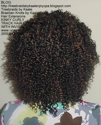 Full track hair extensions with kinky curly hair and invisible part, Back51.