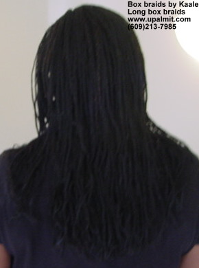 Long box braids with synthetic hair, back view- by Kaales African Hair Braiding.