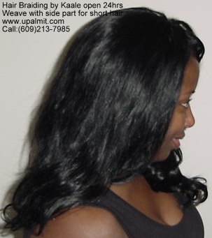 Sewin weave, hair extensions, side part, very short hair.