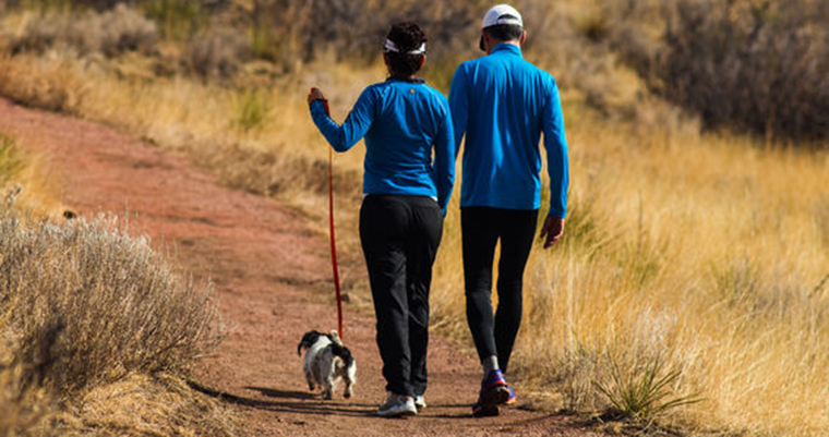 A imahge of 2 couple hiking with a dog