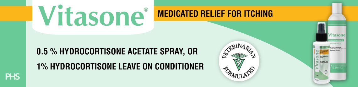 Vitasone 0.5% hydrocortisone acetate spray, or 1% hydrocortisone leave on conditioner. Medicated Relief for Itching