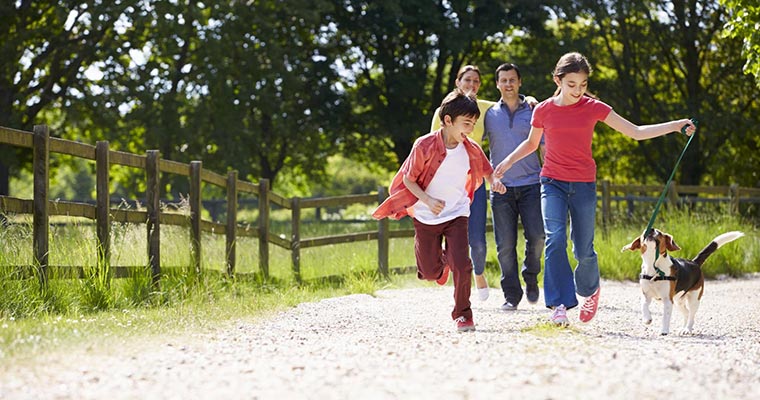 A image of a familt walking with a dog
