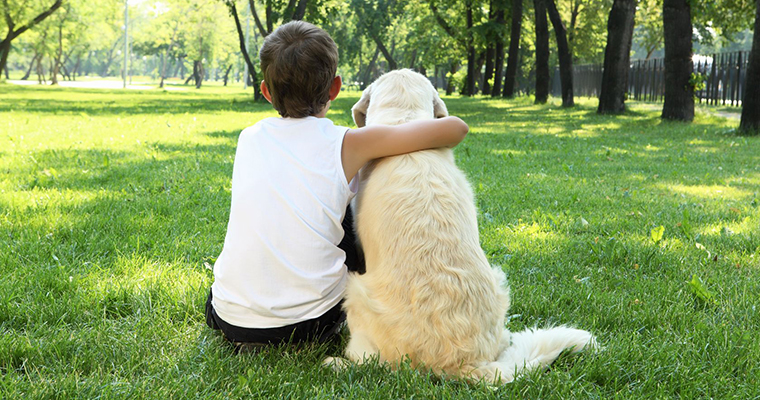 boy and a dog sit on grass