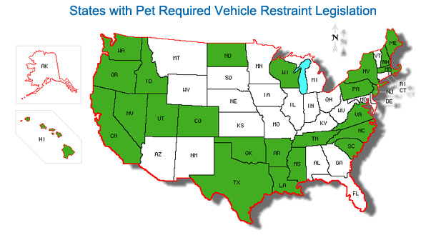 States with Pet Required Vehicle Restraint Legislation