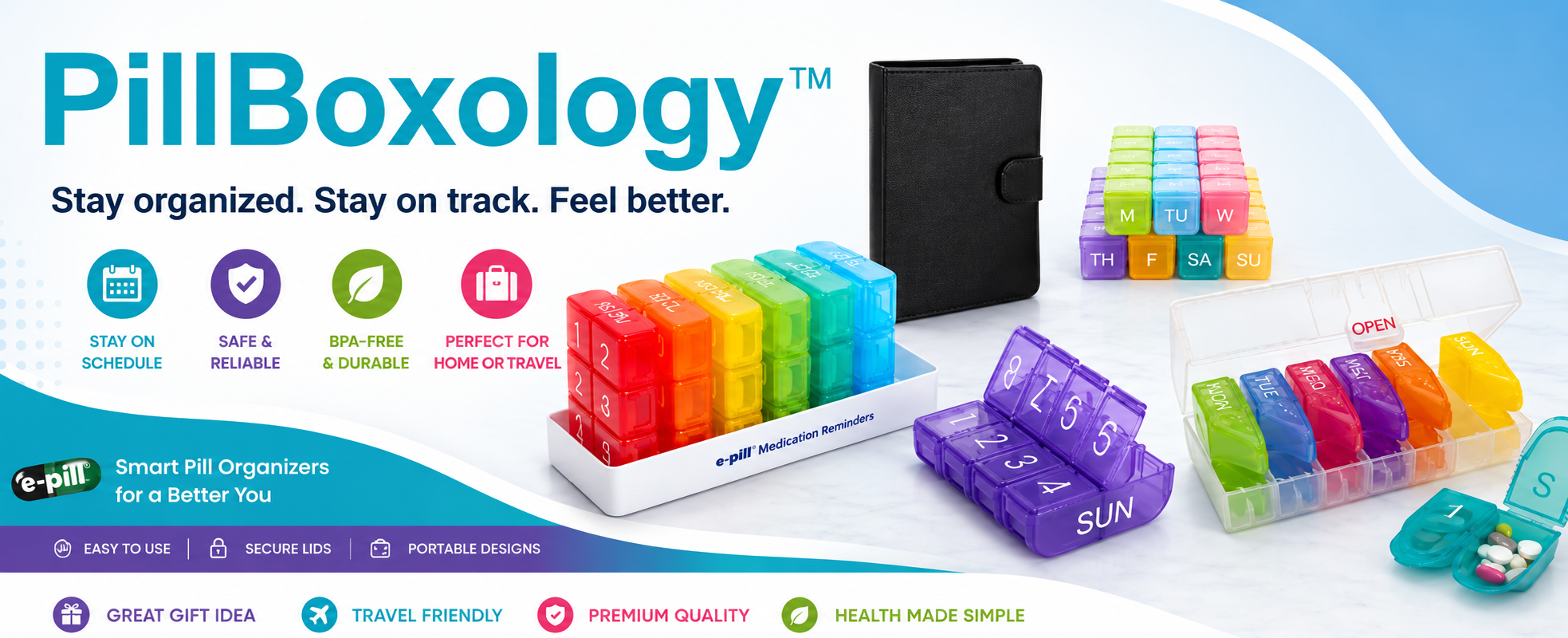 e-pill PillBoxology� is a colorful, clearly labeled pillbox organization system designed to simplify medication management, improve organization, and support better daily medication adherence.