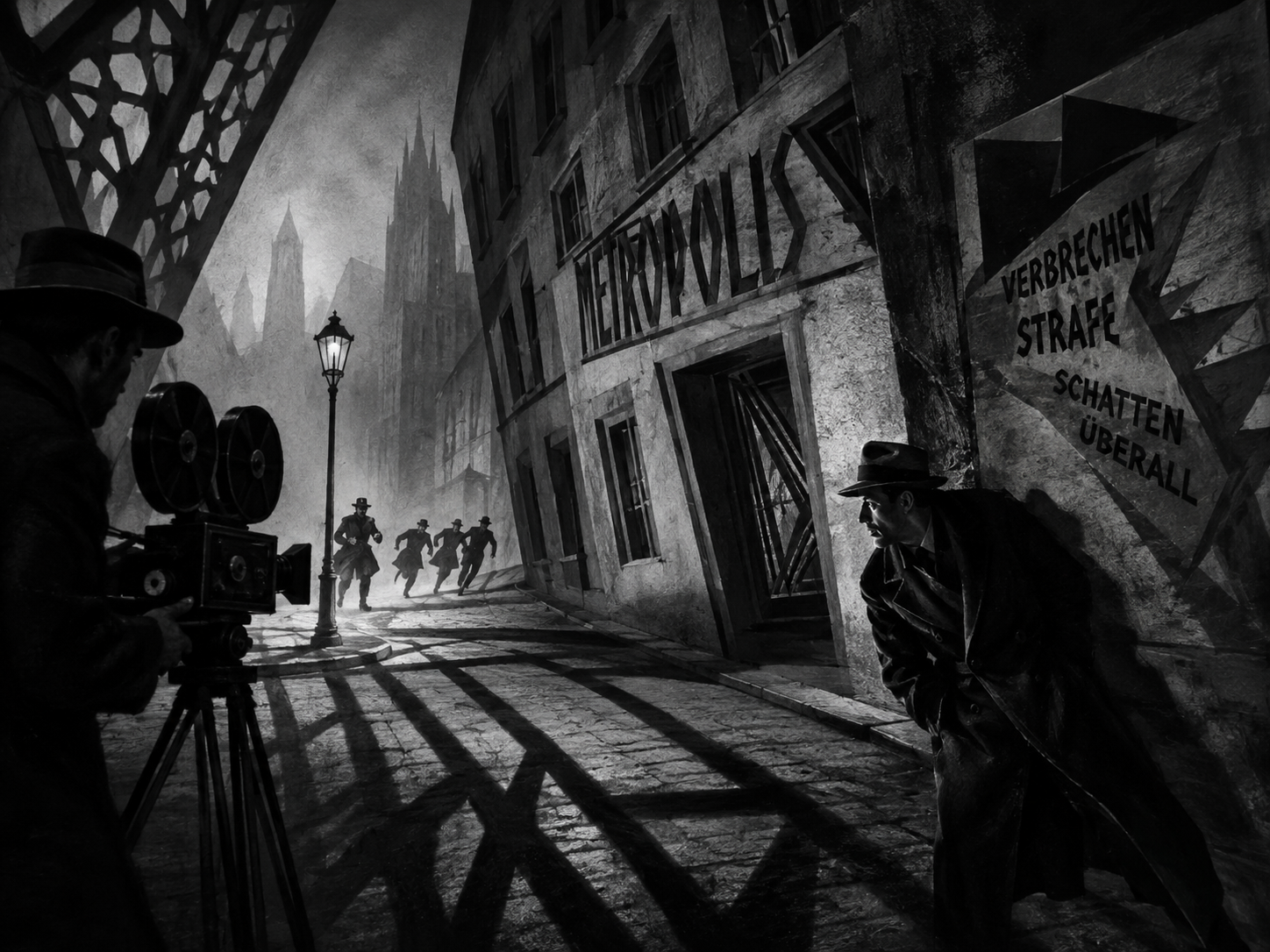 German Expressionist black-and-white city scene with distorted architecture and deep shadows