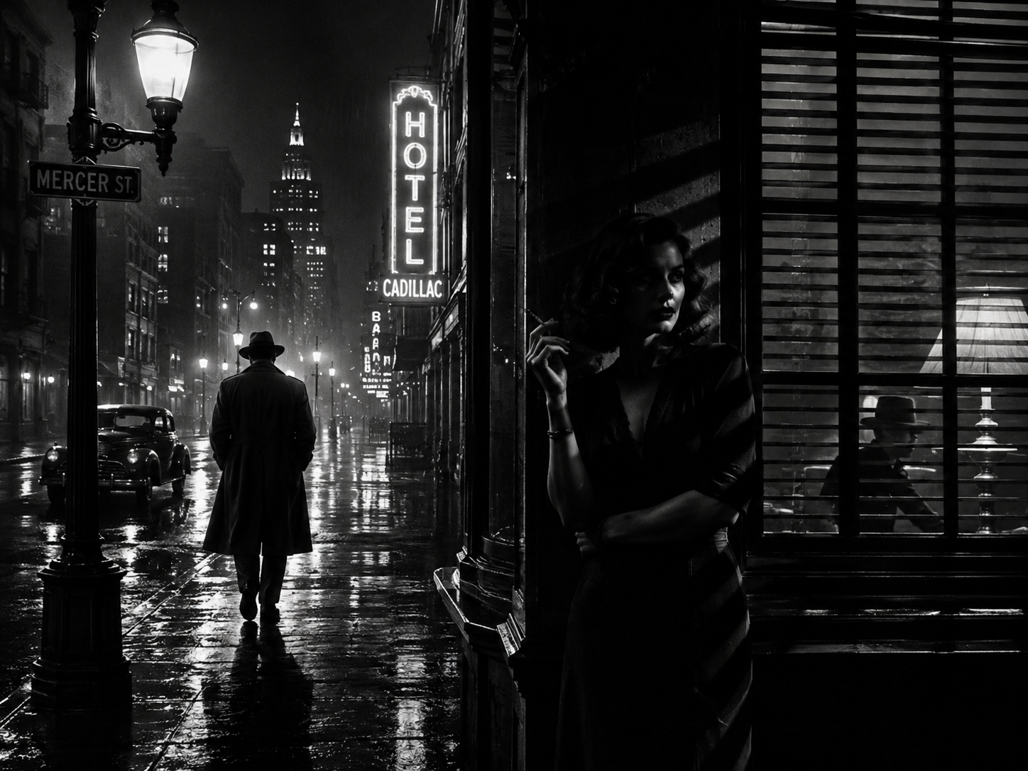 Rain-soaked black-and-white film noir city street with shadows and suspense