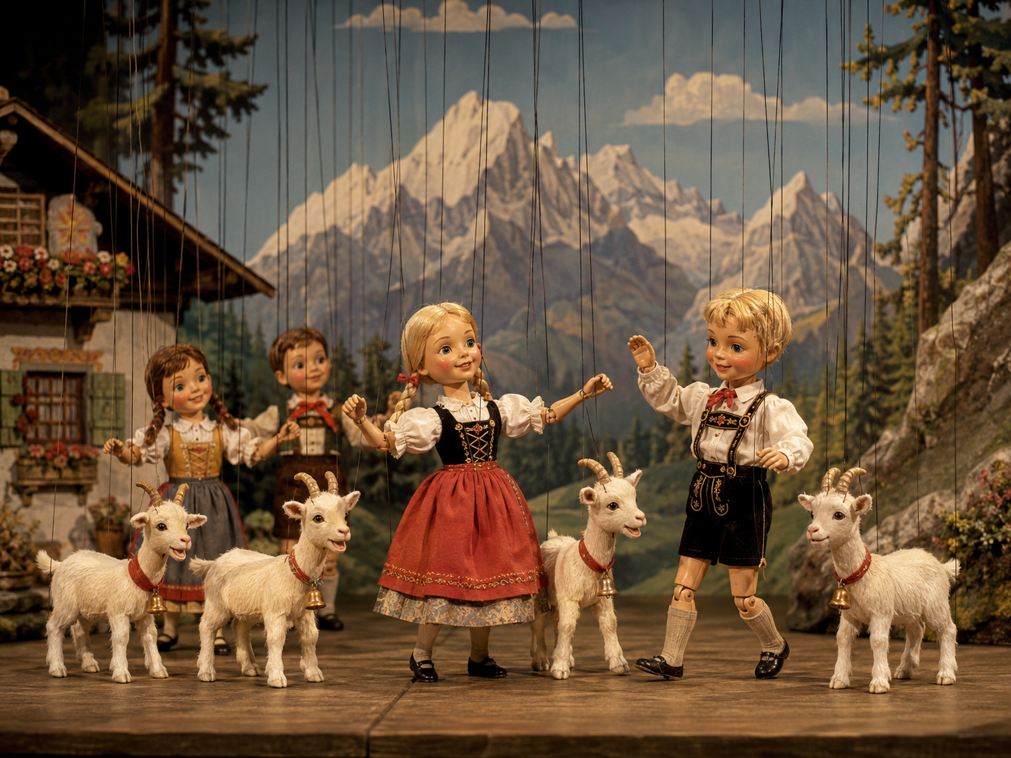 Alpine marionette performance with children and goats on a theatrical stage