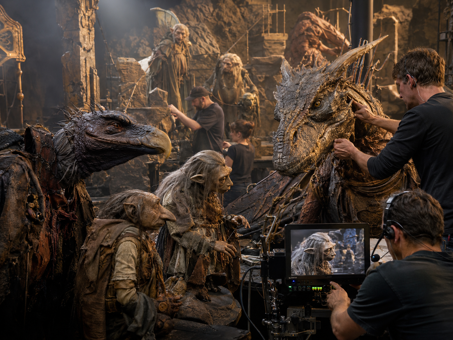 Puppeteers and technicians working with fantasy creatures on a practical-effects set