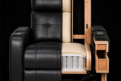 HT Design Clark premium seat construction cutaway showing hardwood frame pocket coils cushioning reclining mechanism and power actuator