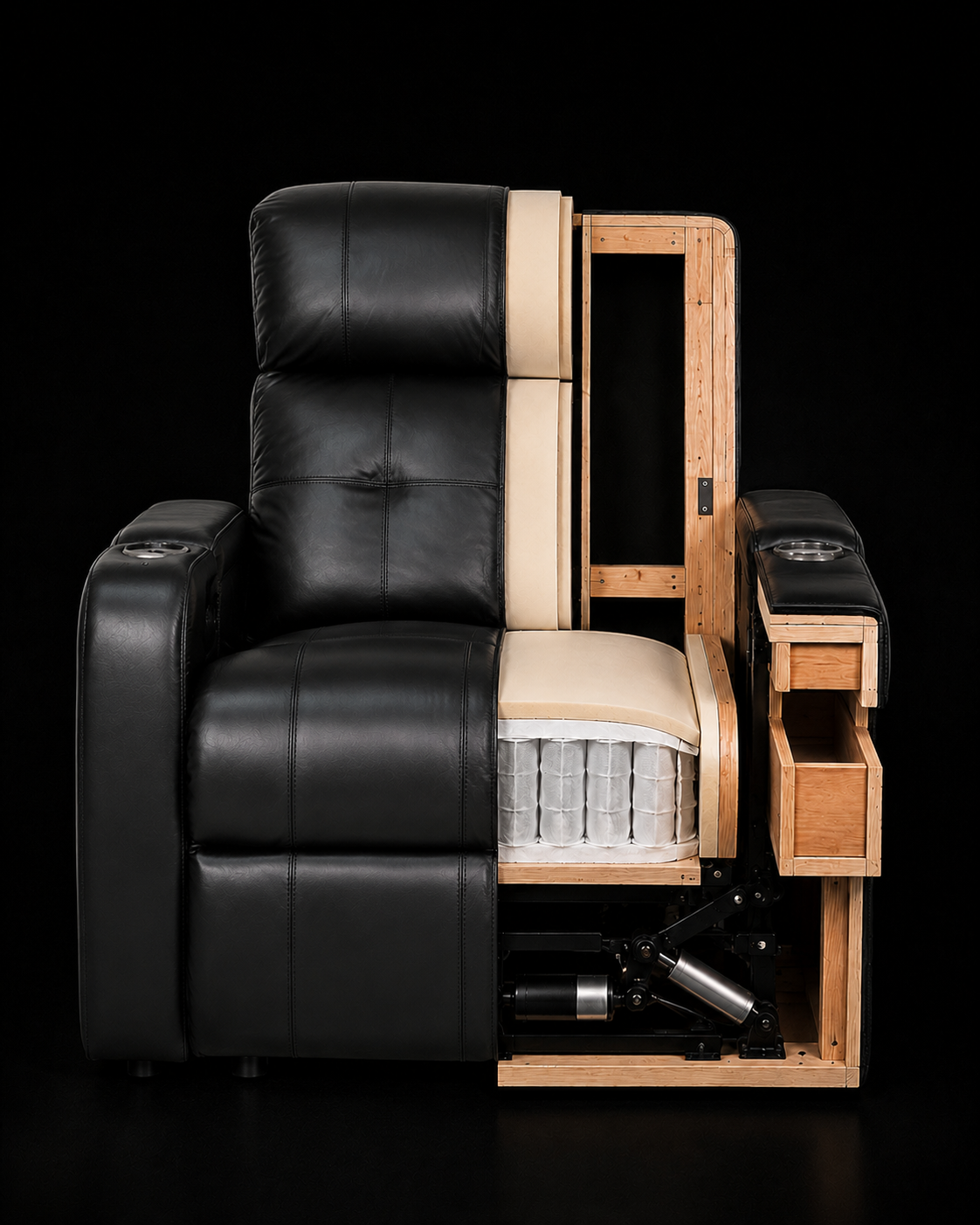HT Design Clark premium seat construction cutaway showing hardwood frame pocket coils cushioning reclining mechanism and power actuator