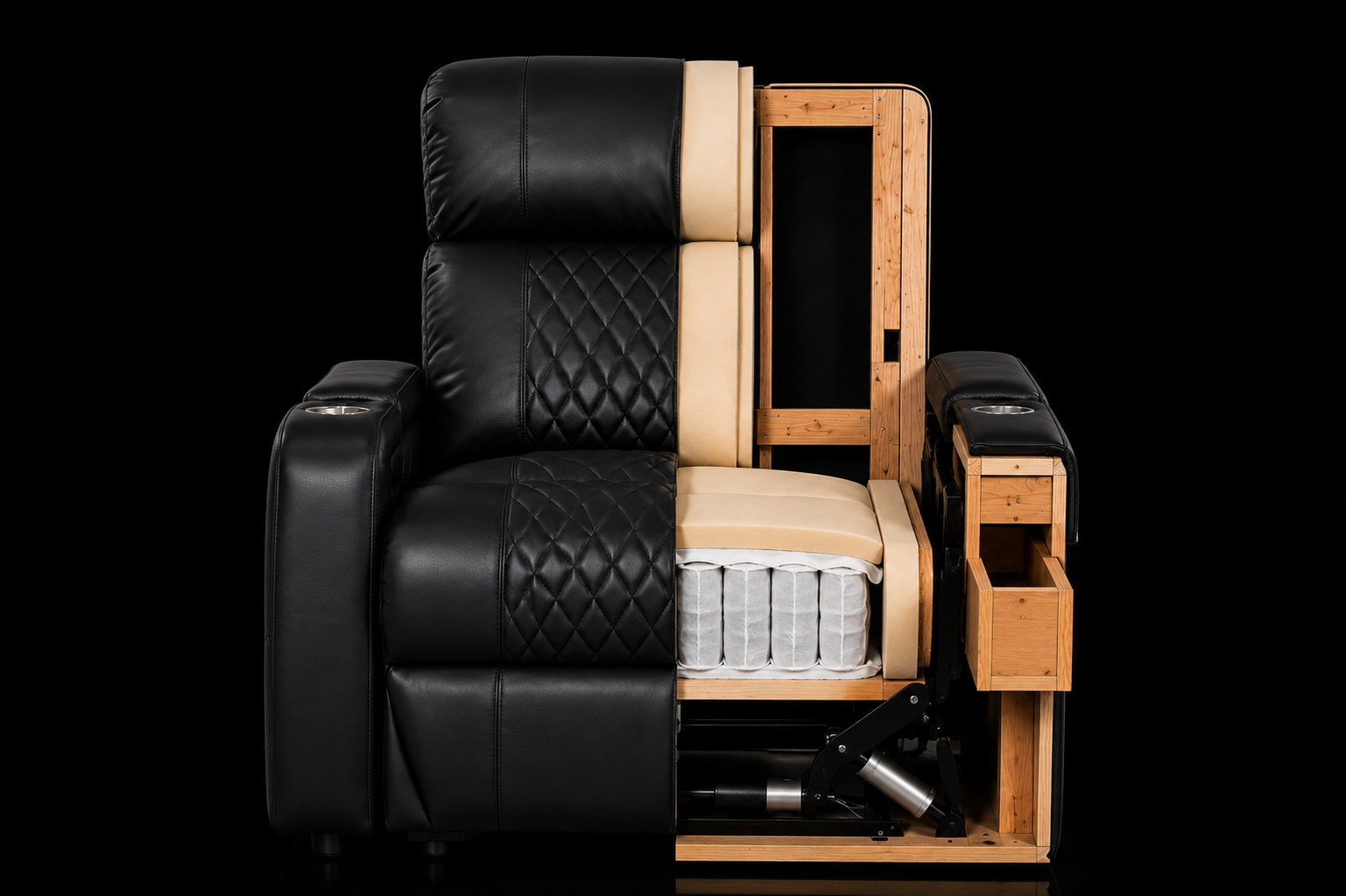 HT Design Sheridan premium seat construction cutaway showing hardwood frame pocket coils cushioning reclining mechanism and power actuator