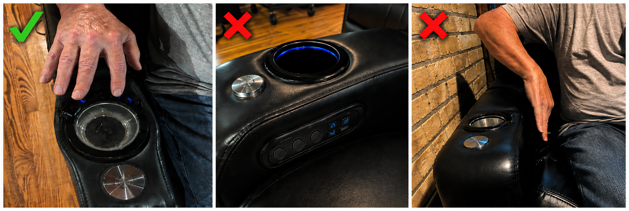 HT Design Warwick ergonomic top-mounted Raffel controls compared with typical side-mounted theater seating controls