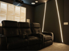 ht design clark row of 4 with middle loveseat and portable armrest accessory in yellow lighted room