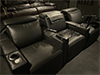 ht design surround home theater seat angled view row of 3 w/tray table, optional tablet holder accessory in front of another row of 3 seating