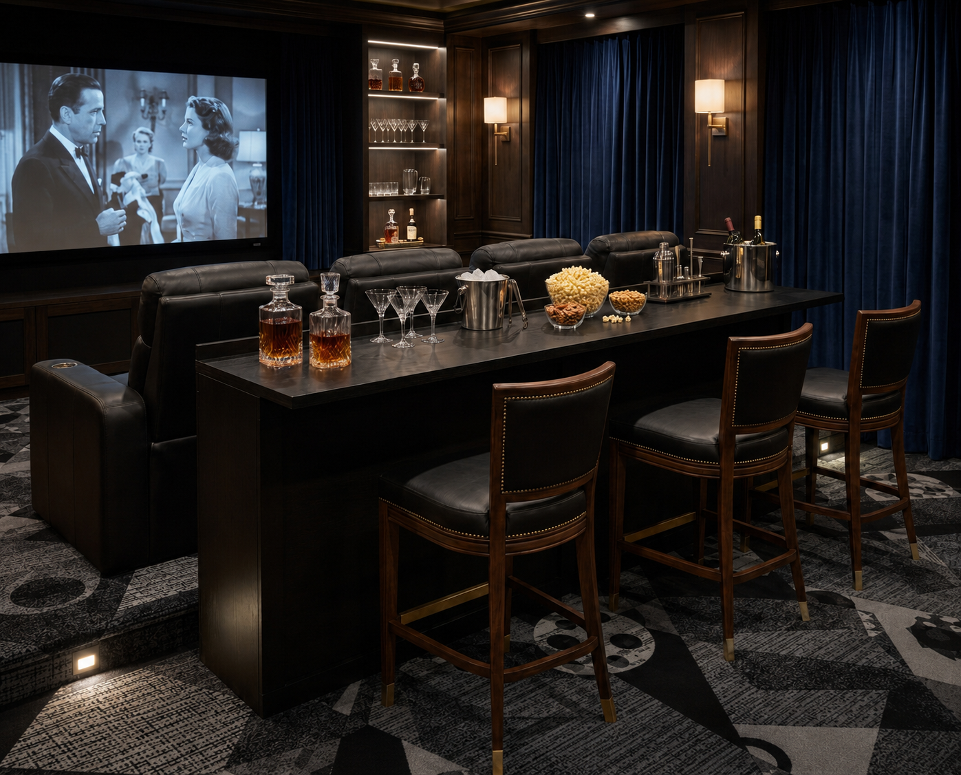 HT Design Back Row Bar shown installed behind home theater seating