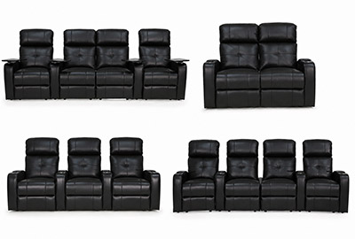 HT Design Clark home theater seating configurations including curved loveseat, loveseat and straight rows