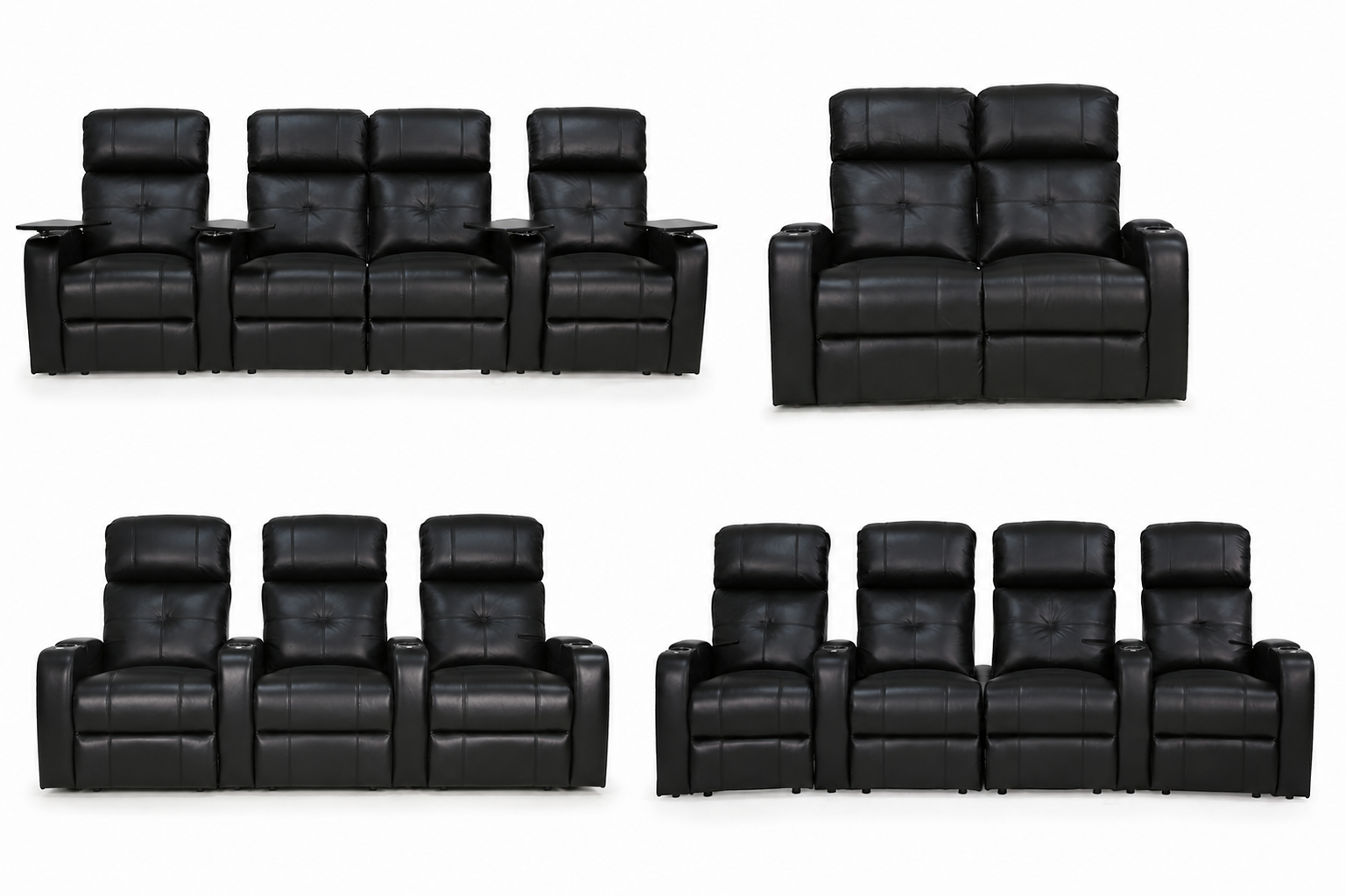 HT Design Clark home theater seating configurations including curved loveseat, loveseat and straight rows