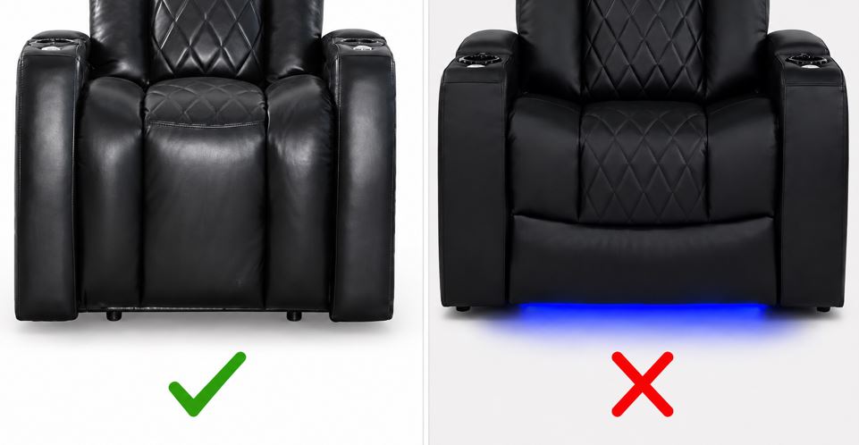 HT Design Waveland Relax full-length bucket seat leg channels compared with theater seating channels that stop halfway
