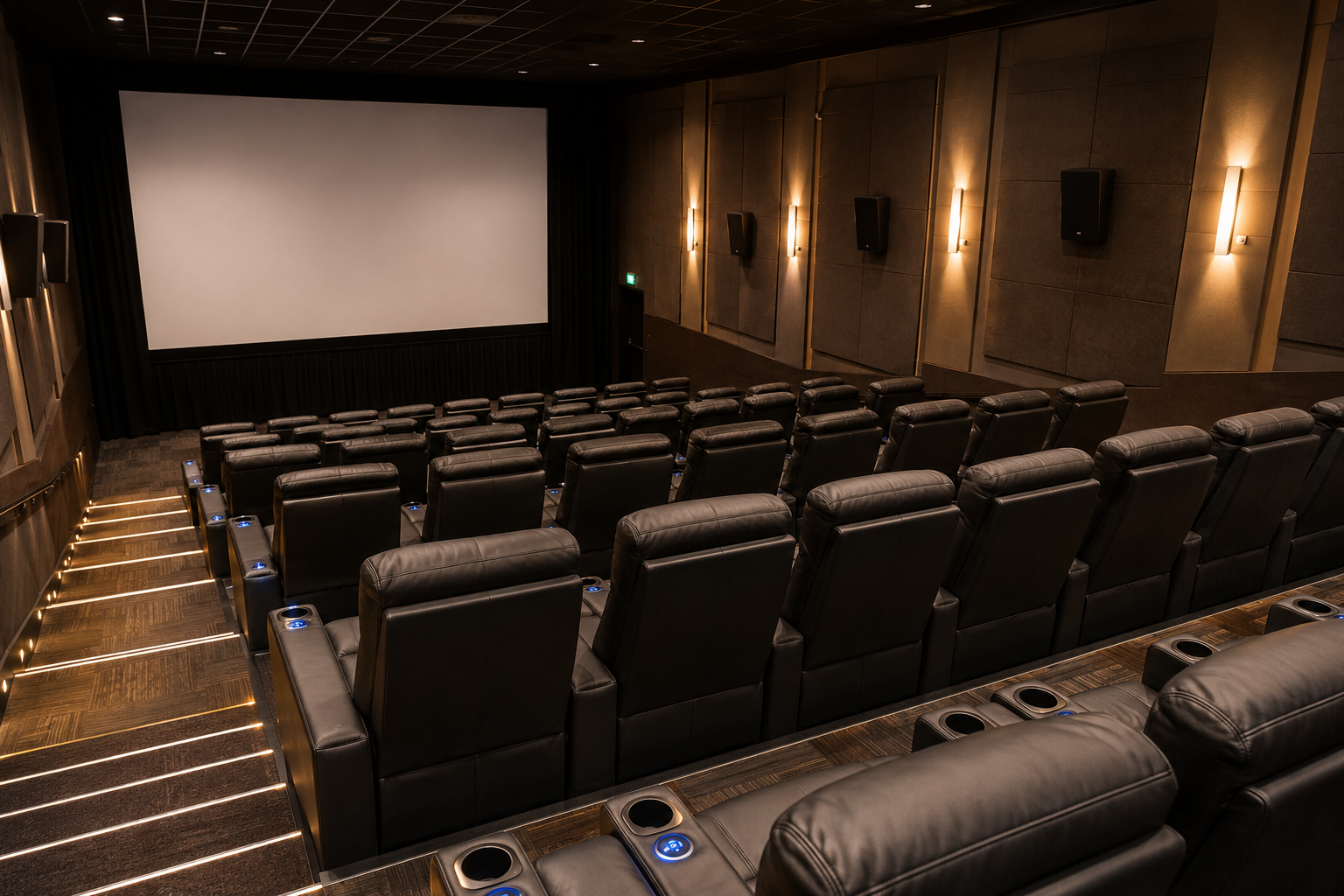 Modern premium movie theater viewed from behind rows of power reclining seats