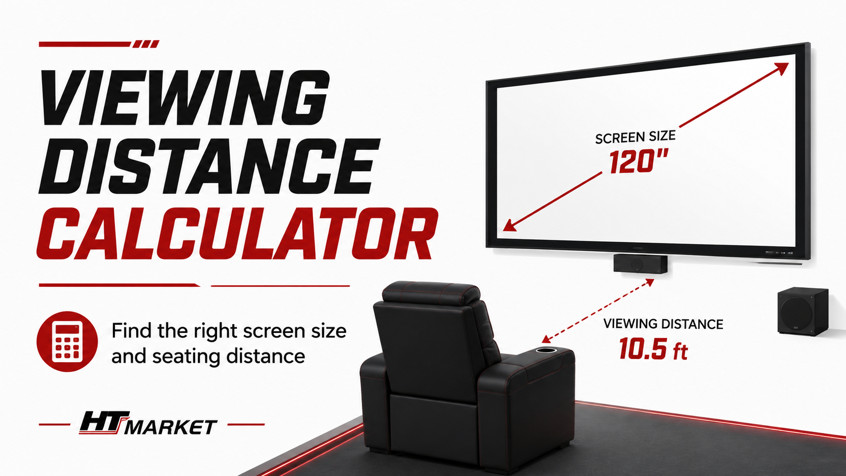 HTmarket Viewing Distance Calculator showing screen size and seating distance