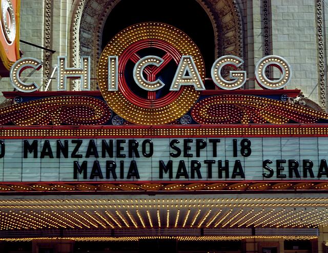 Historic illuminated marquee of the Chicago Theatre