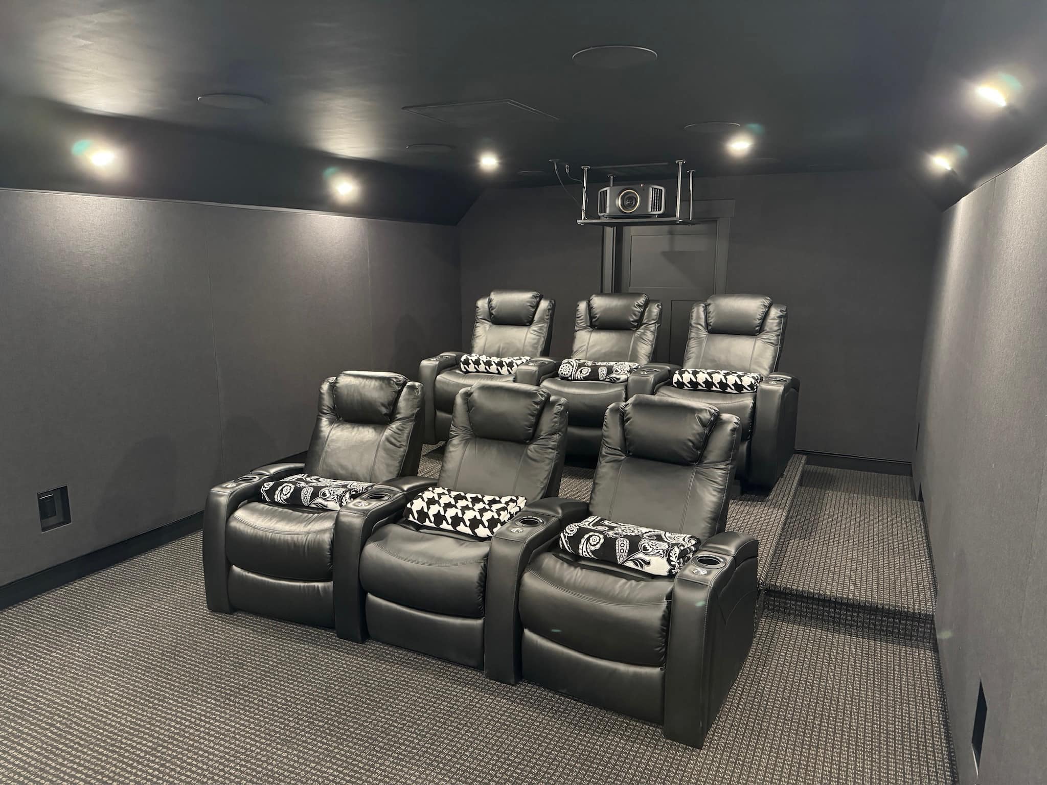 Modern dedicated home theater with projection screen and reclining theater seating