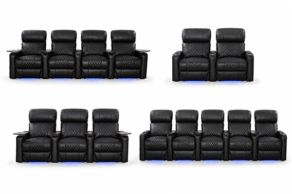 HT Design Sheridan home theater seating configurations including curved loveseat, loveseat and straight rows