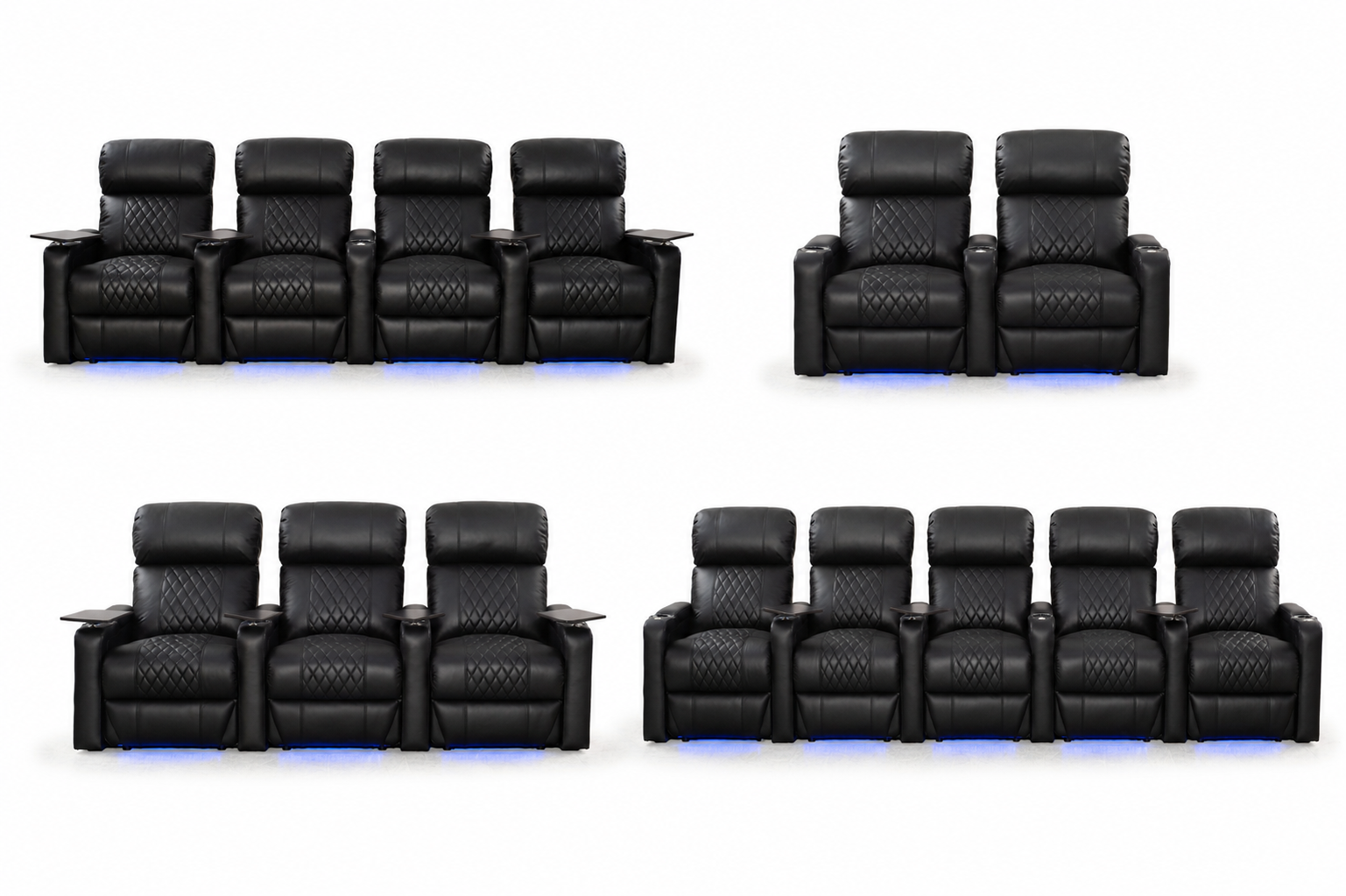 HT Design Sheridan home theater seating configurations including curved loveseat, loveseat and straight rows