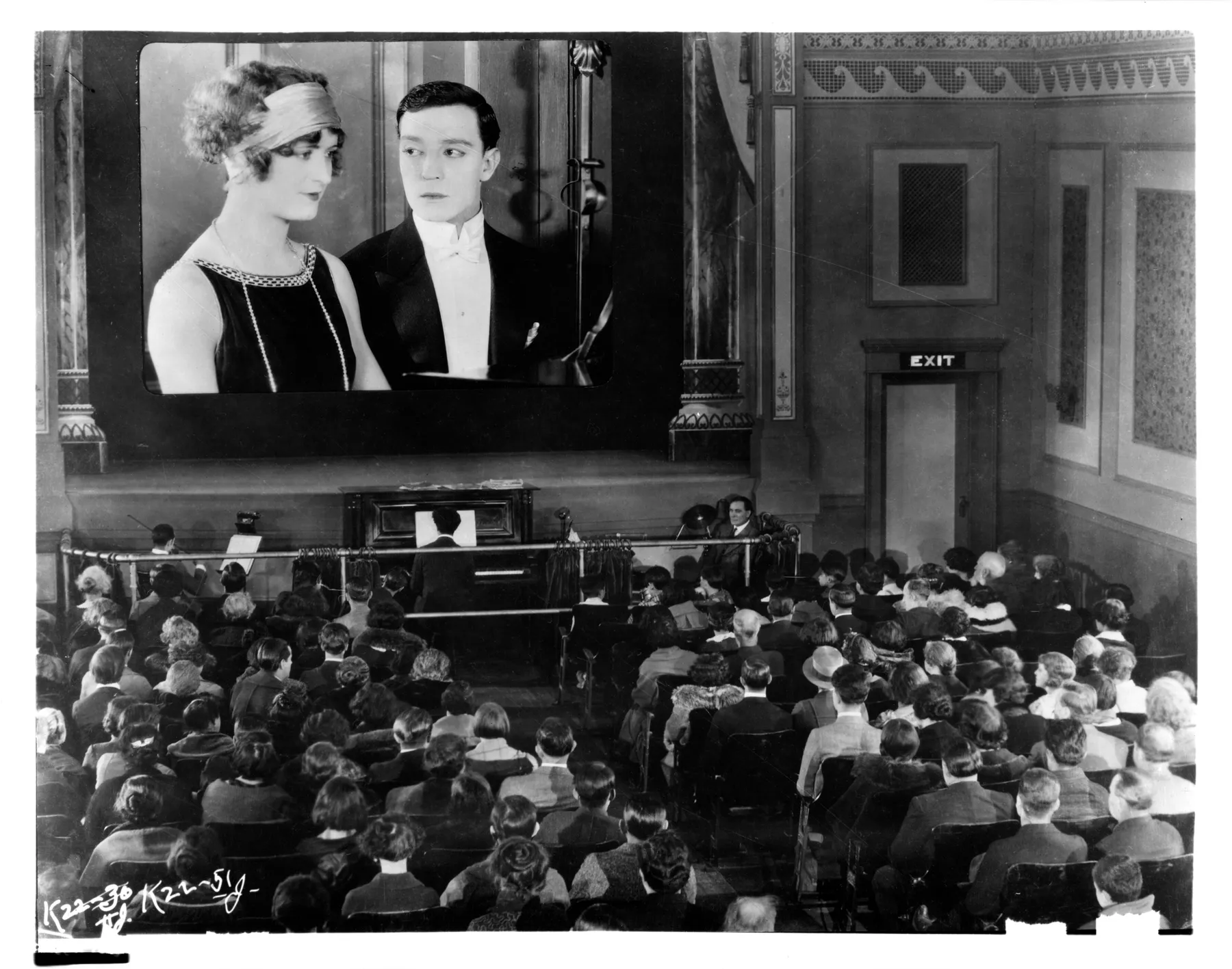 A silent-film-era movie theater scene from Sherlock Jr. in 1924