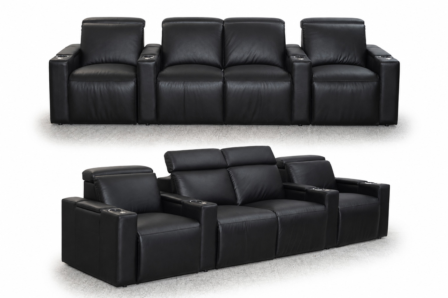 HT Design Surround home theater seating configurations including curved loveseat, loveseat and straight rows