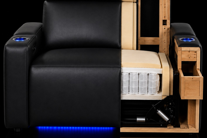 HT Design Surround premium seat construction cutaway showing hardwood frame pocket coils cushioning reclining mechanism and power actuator