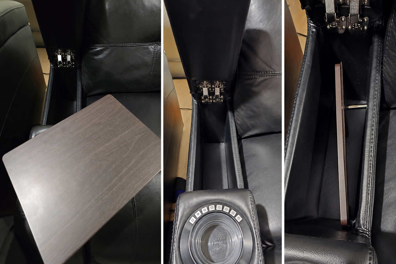 HT Design Clark hidden storage arm and removable walnut tray table
