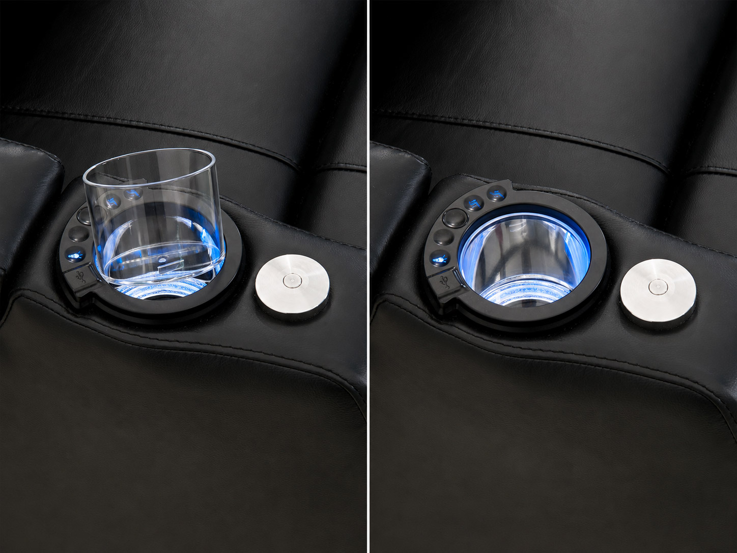 HT Design Warwick LED USB cupholder controls and included removable cupholder insert