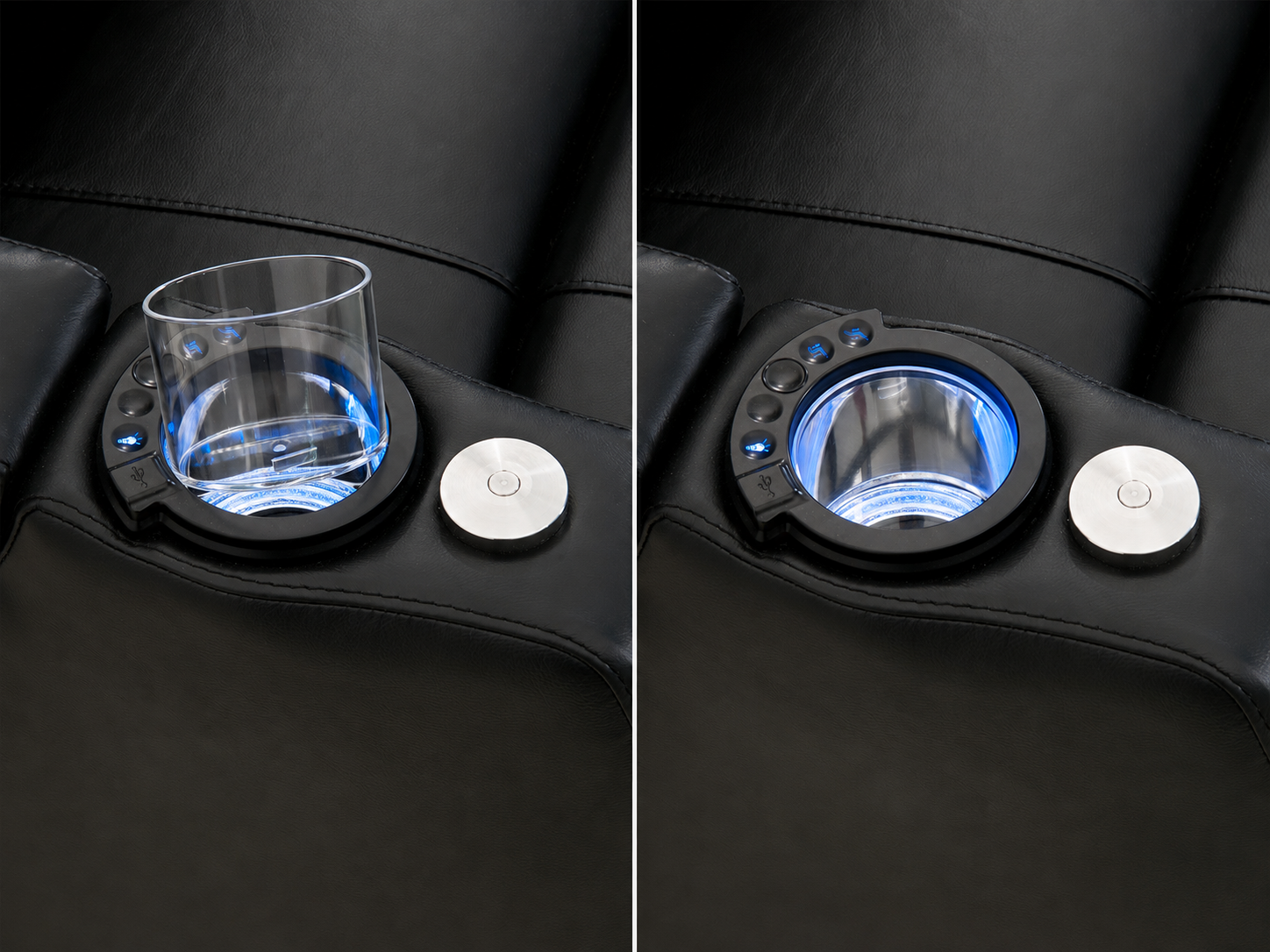 HT Design Warwick LED USB cupholder controls and included removable cupholder insert